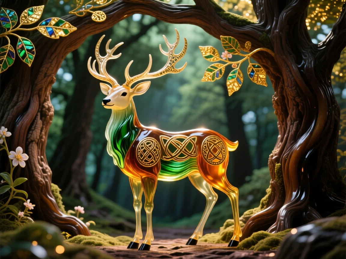 A Celtic stag god standing at a forest threshold beneath ancient oaks, mystical and noble.