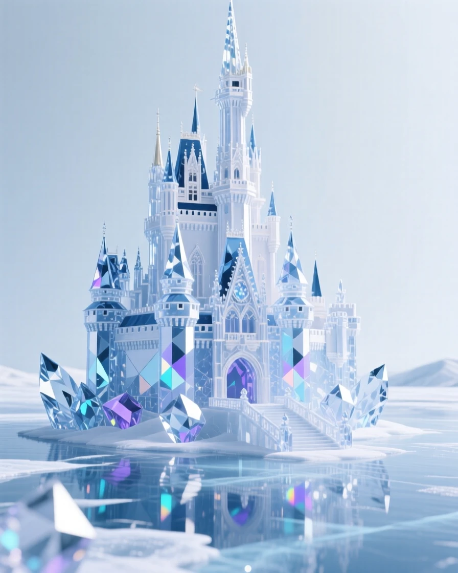 A castle built from crystal spires rising above a frozen enchanted lake.