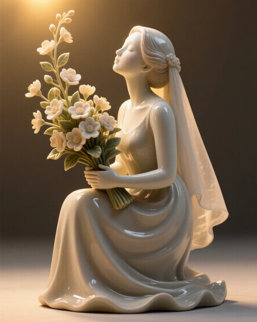 A bride cradling a bouquet of blossoms reaching upward as if toward the light, illuminated by a warm, golden glow, evoking tenderness and quiet intimacy.