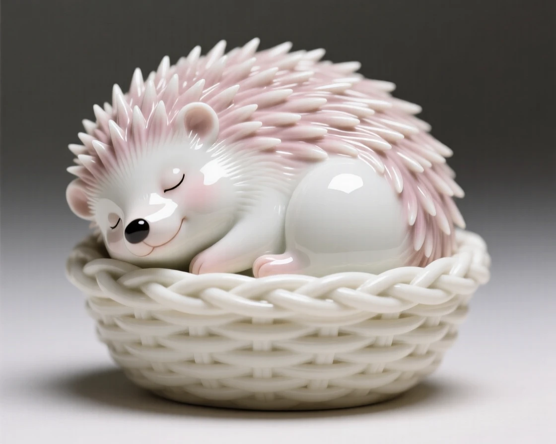 A tiny hedgehog curled up asleep in a woven basket, radiating quiet, gentle charm.