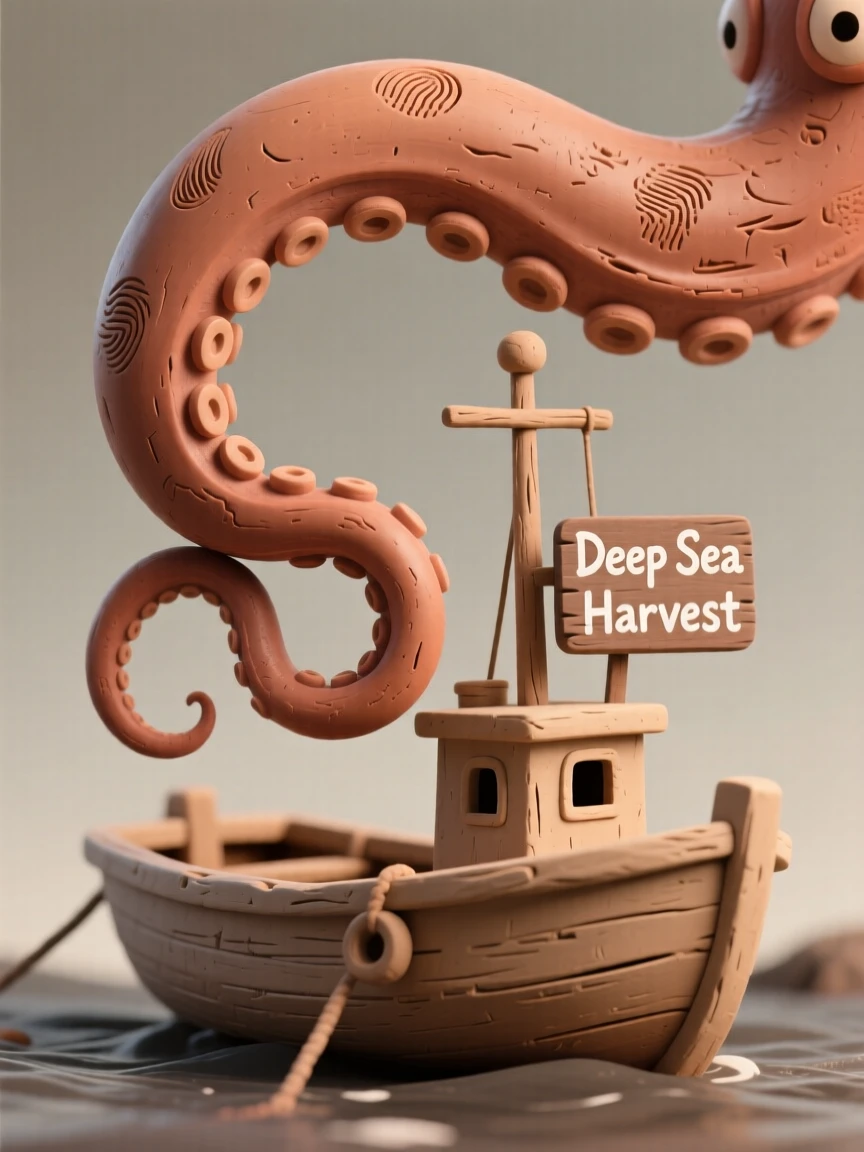 A kraken's tentacle gently lifting a small fishing boat from below