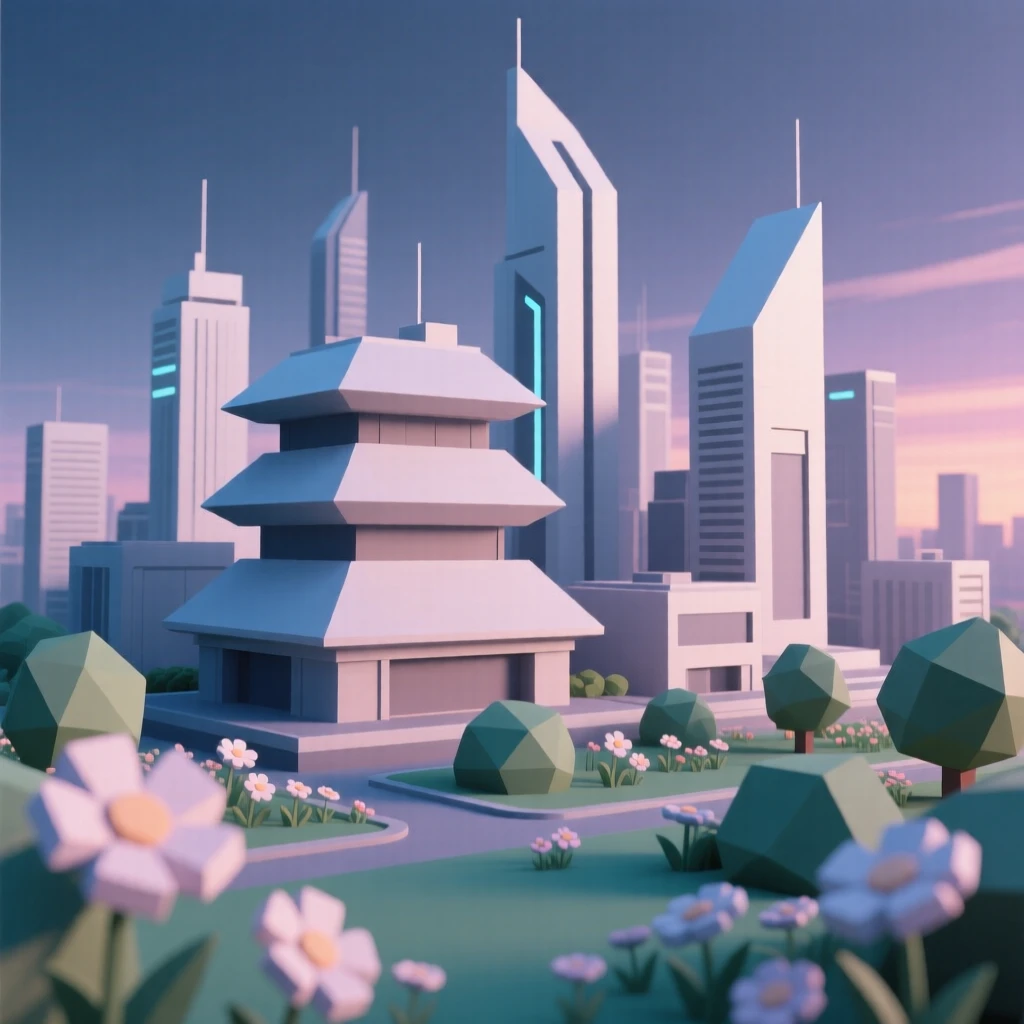 A futuristic skyline glowing at twilight, surrounded by blooming spring gardens. the composition highlights layered rooftops and textures. The mood feels romantic and picturesque.