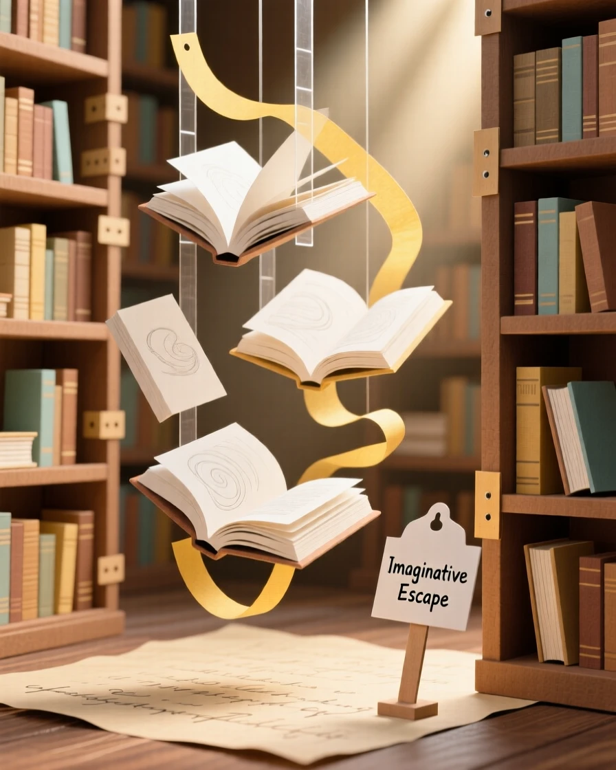 A surreal floating library where books drift weightlessly between towering shelves, soft golden light illuminating swirling pages, evoking imaginative escape.