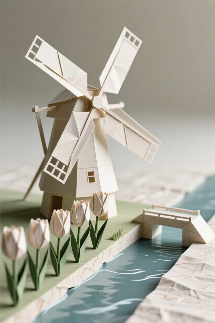 A traditional Dutch windmill turning slowly beside a canal lined with blooming tulips.