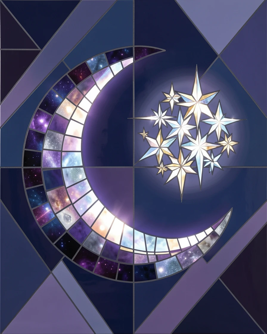 A dramatic close view of a crescent moon glowing beside a bright cluster of stars, glowing with rich cosmic color.