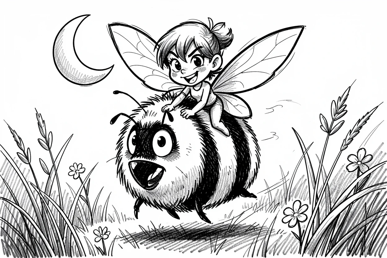 A pixie riding a bumblebee in a moonlit meadow.