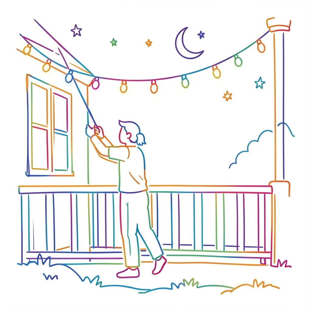 A person hanging string lights on a porch in the evening.