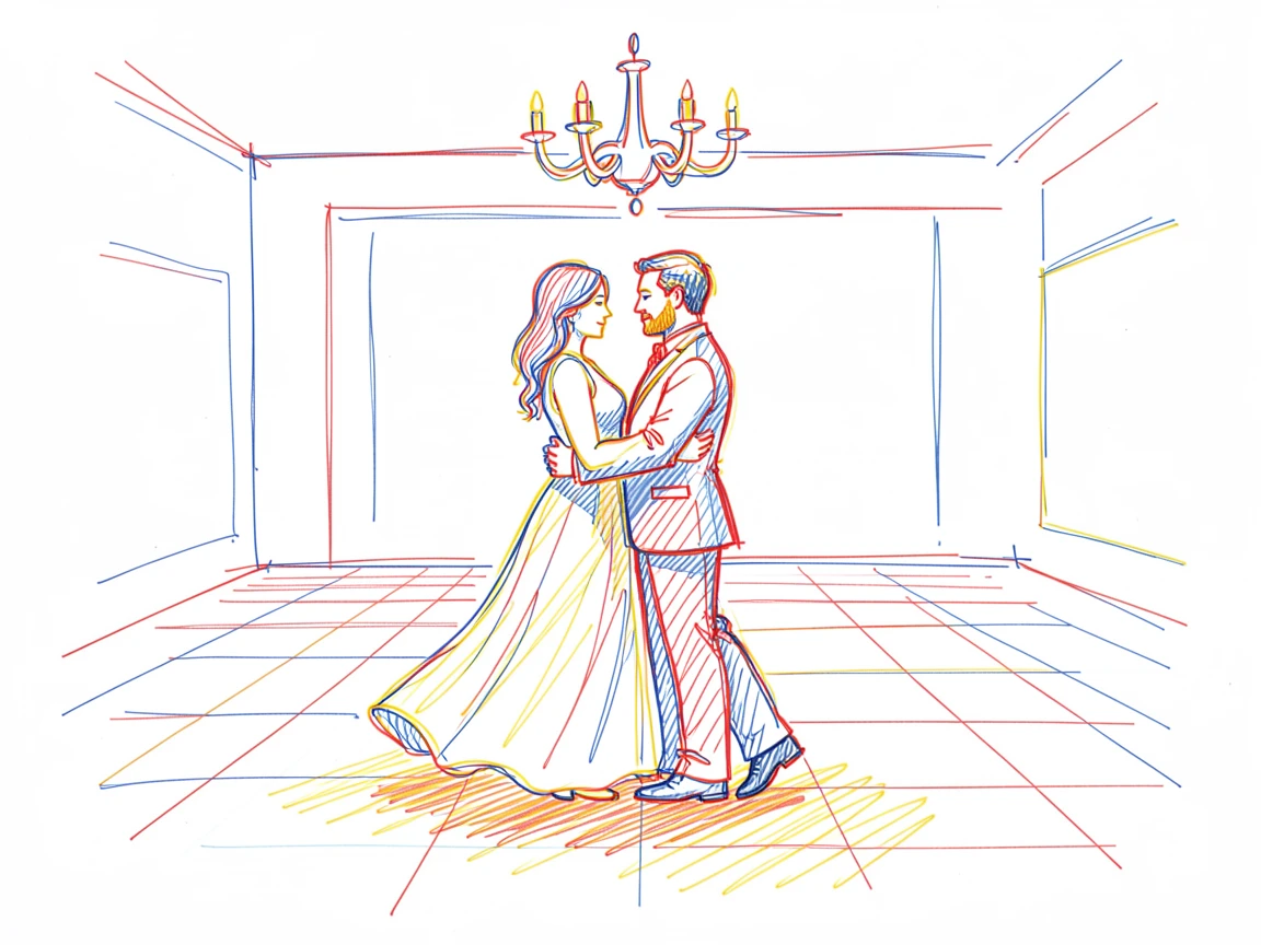 A couple sharing a quiet dance in an empty ballroom lit by chandeliers