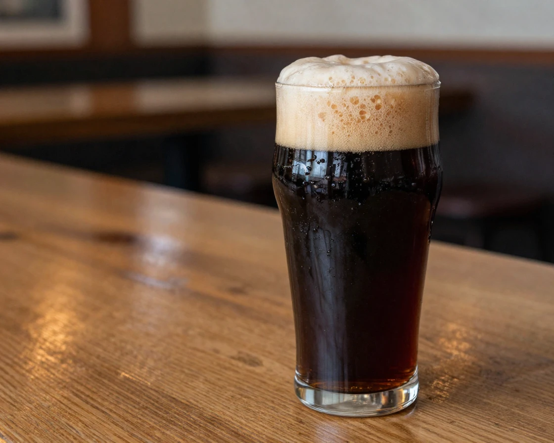 A perfectly poured pint of dark beer with a foamy head