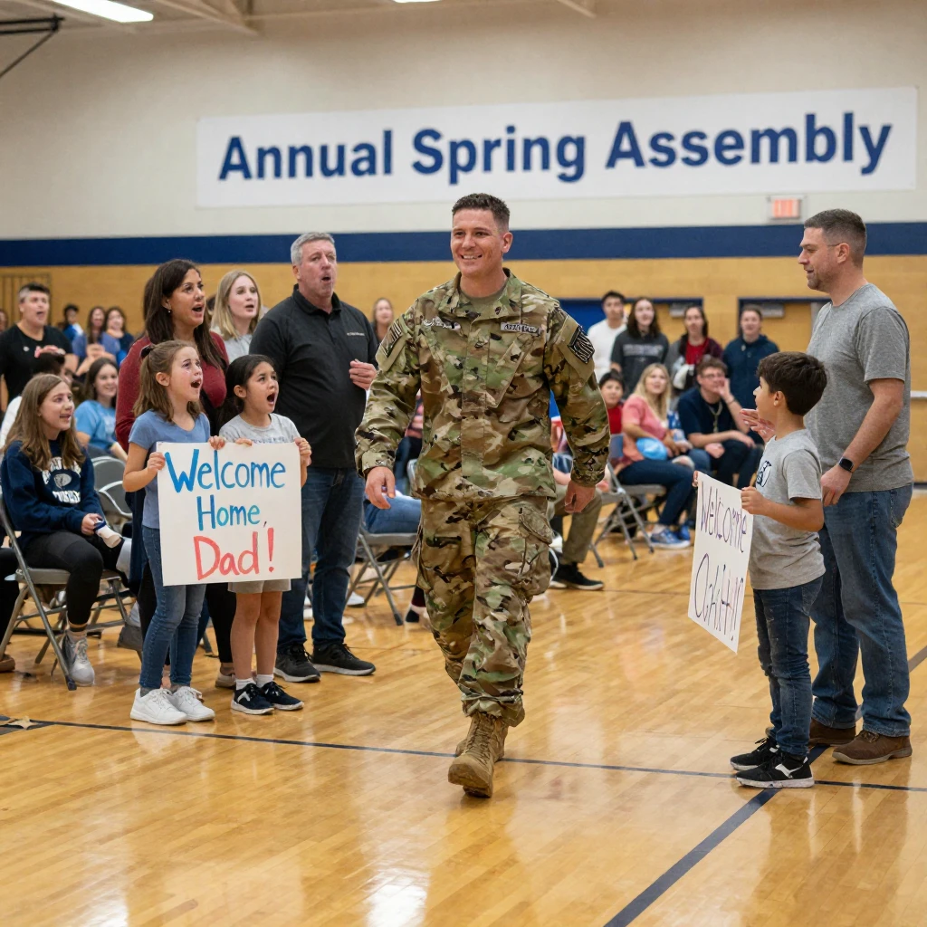 A soldier surprises his family by walking into a school gymnasium in uniform during an assembly.