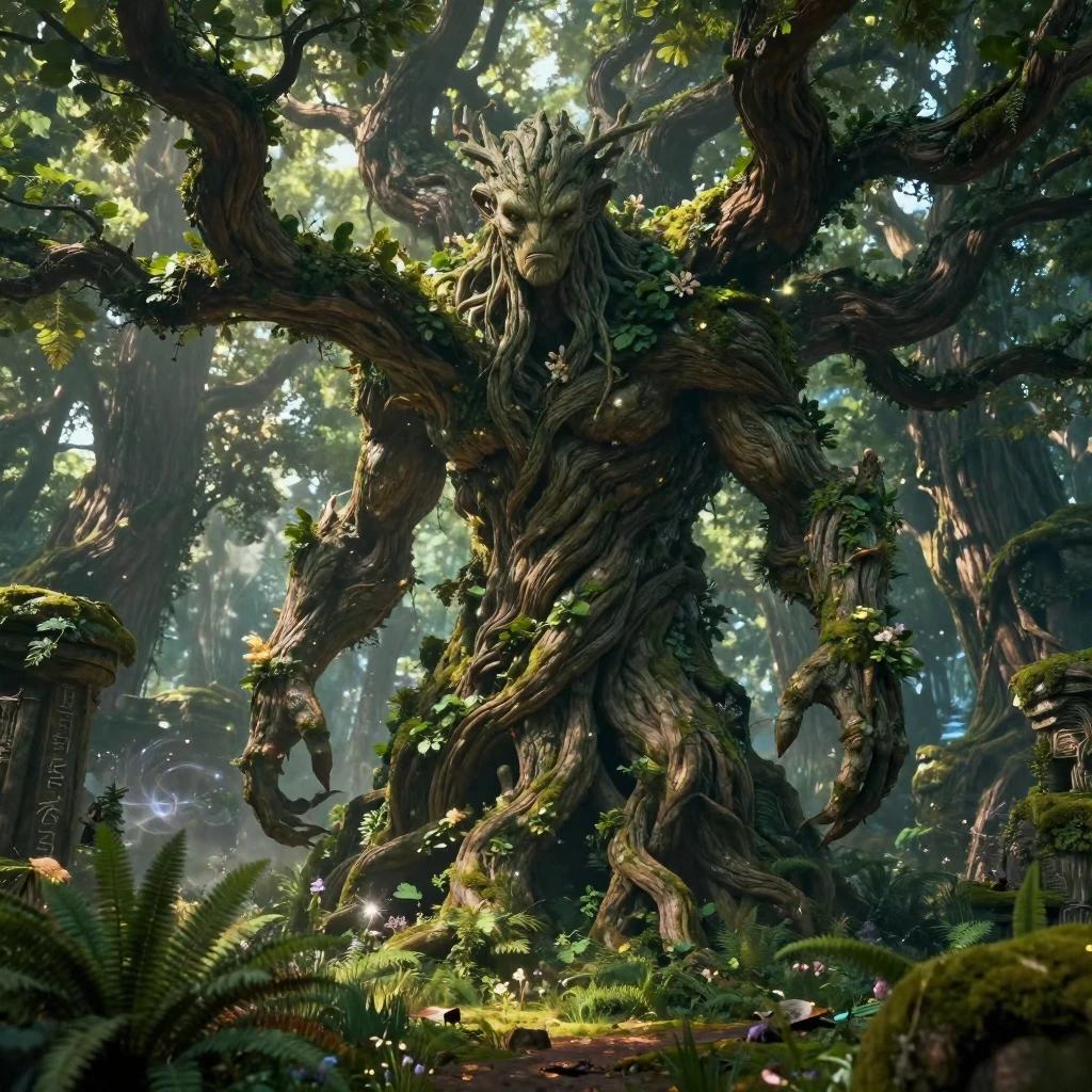 A towering treant guarding an ancient grove appearing beneath the branches of a world tree as magic fills the air