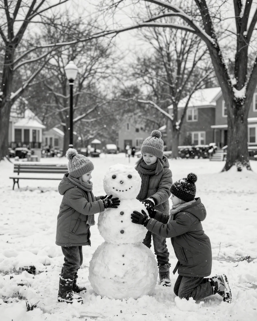 Children building a snowman pack fresh snow into a rounded body in a quiet neighborhood park.