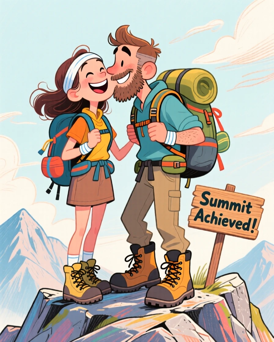 A couple sharing a kiss on a mountaintop after finishing a long hike together.