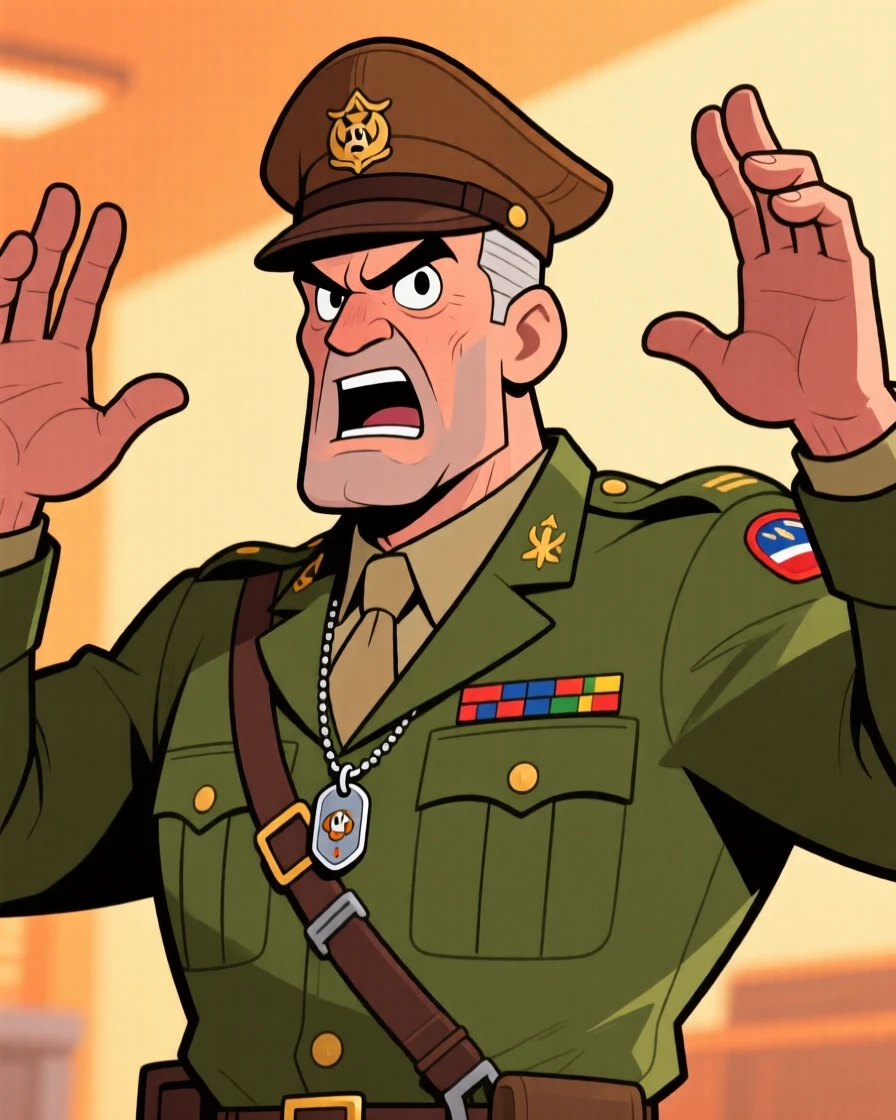 A charming portrait of a tough drill sergeant, gesturing dramatically with both hands raised, surrounded by soft warm lighting.