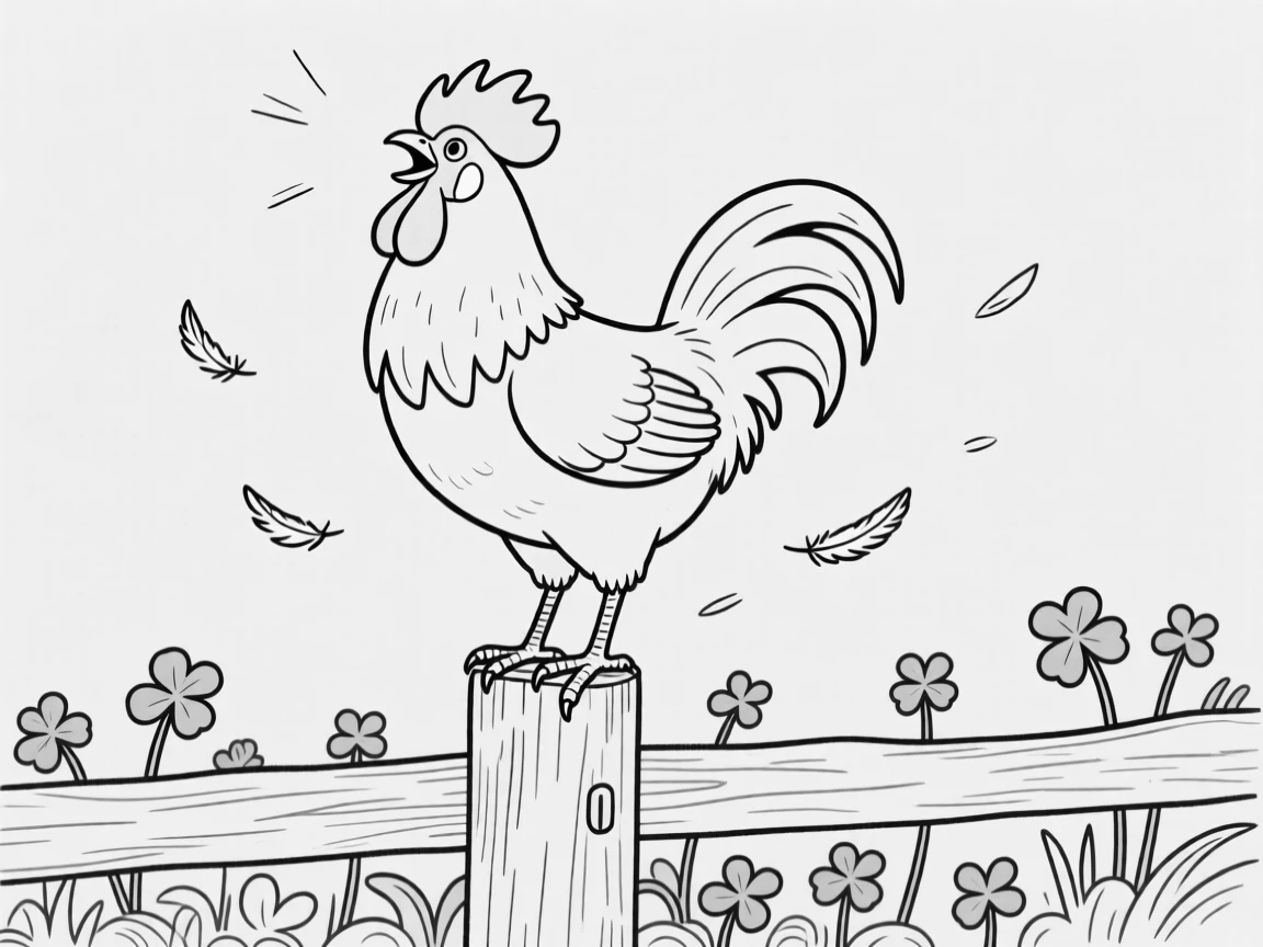 A proud rooster crowing atop a fence post, puffing out its chest with self-importance, set in a garden bursting with clover. Feathers scatter from an overenthusiastic flap. There's something deeply endearing about the little chaos.