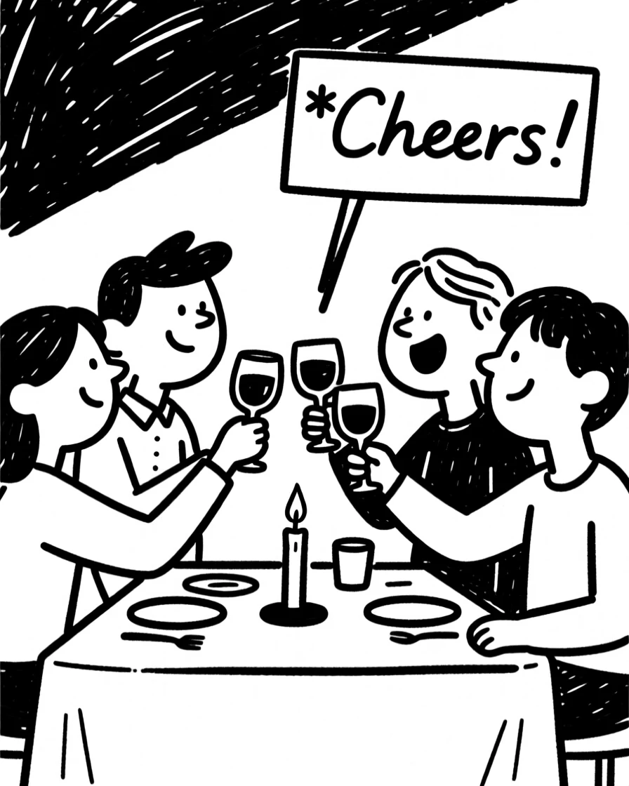 A group of friends toasting glasses of wine over a candlelit dinner table.