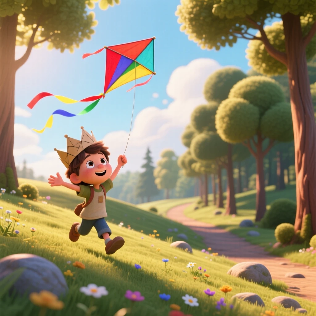 A child flying a colorful kite on a windy hill takes place along a quiet forest trail dappled with light, with a paper crown perched slightly crooked. The mood is playful, curious, and full of imagination.