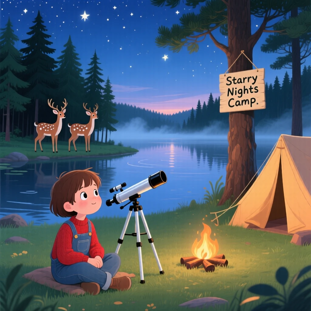 In a quiet lakeside campsite, a young stargazer with a telescope is spotting deer at the edge of a clearing, while a gentle mist rises from the water.