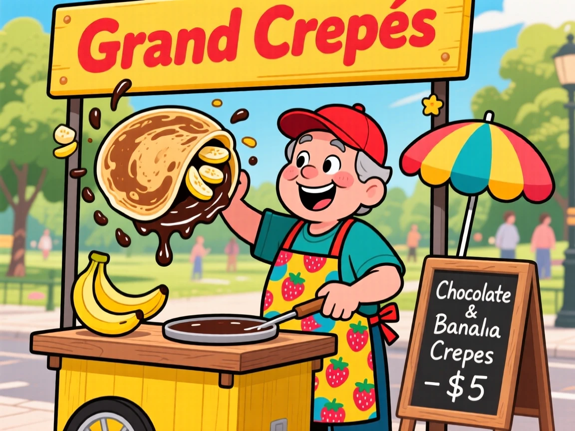 A street vendor flipping crepes filled with chocolate and bananas.