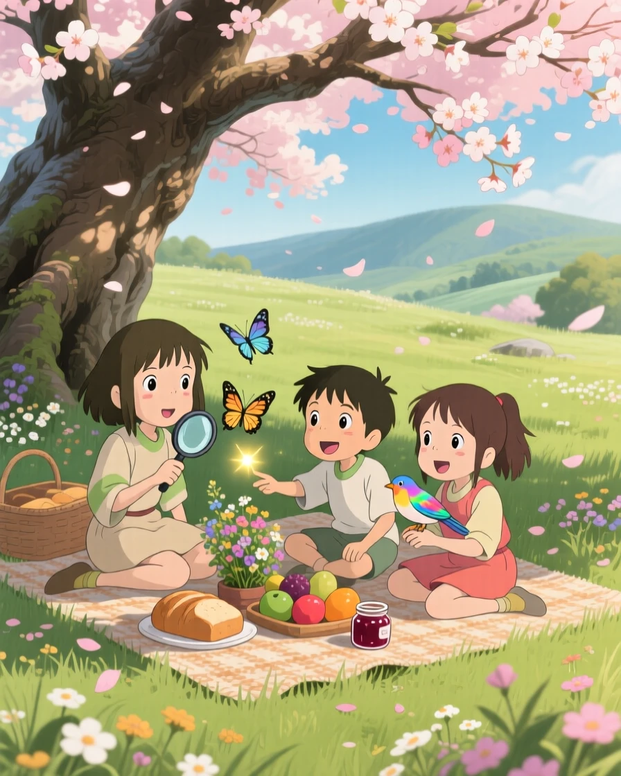 Children having a picnic under a blossoming tree, the moment bursting with curiosity.