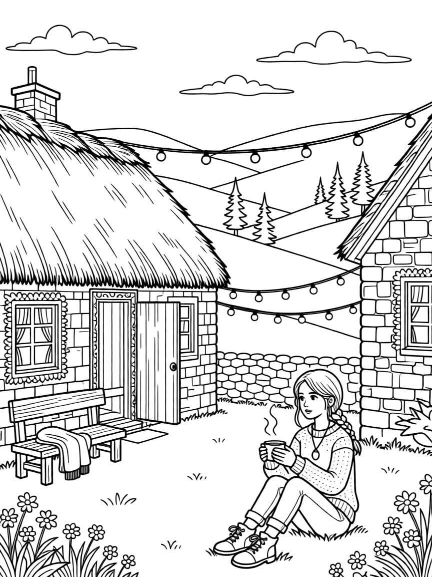 A rustic cottage nestled in the Scottish highlands, with string lights strung between old buildings.