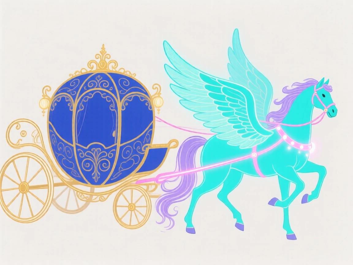 A magical carriage pulled by glowing winged horses.