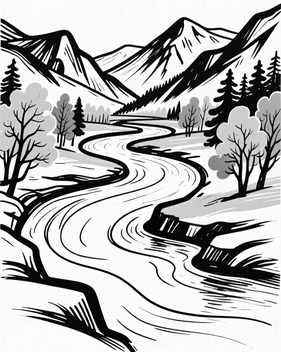 A tranquil mountain river winding through a golden autumn valley.
