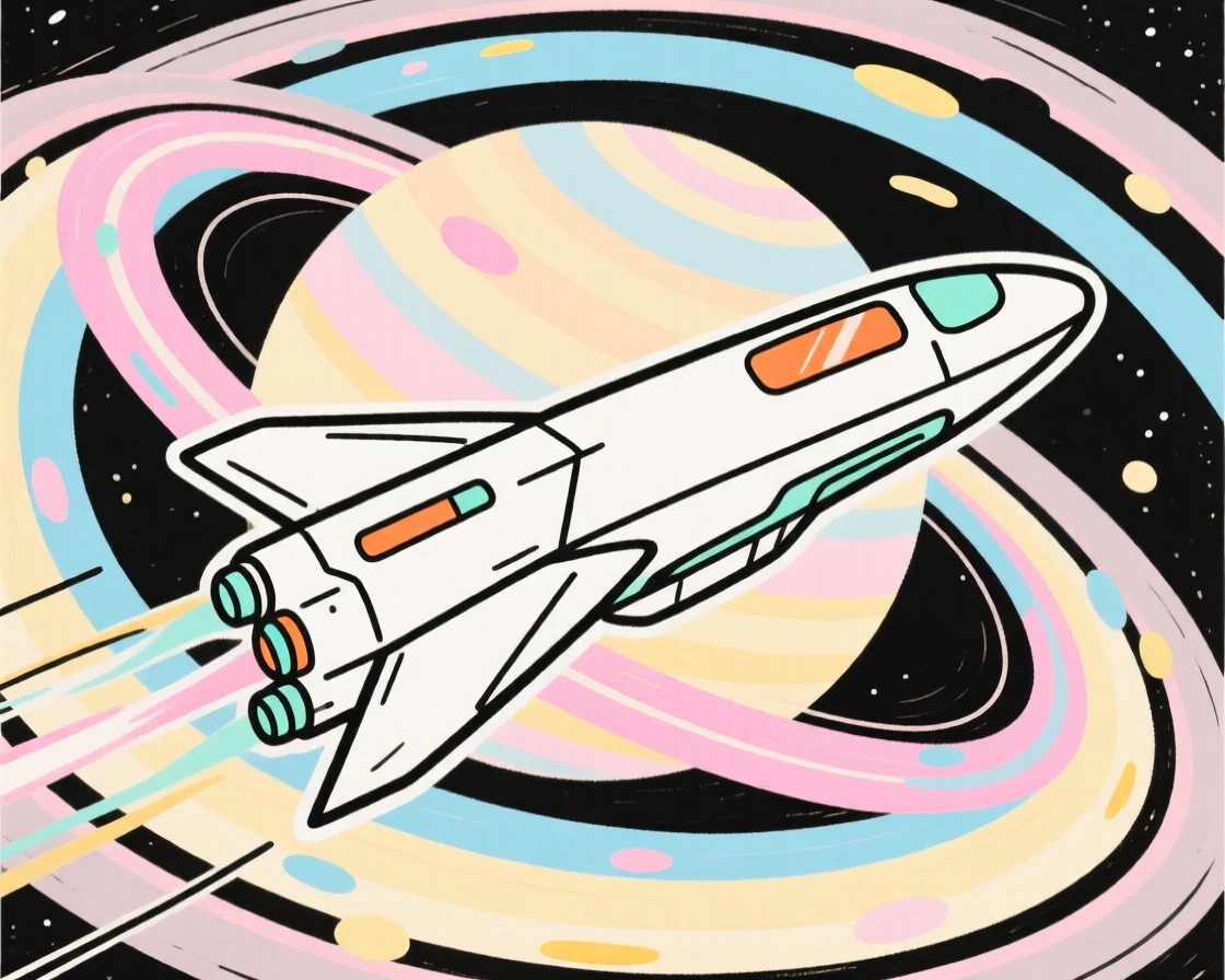 A spaceship gliding past the colorful rings of Saturn.