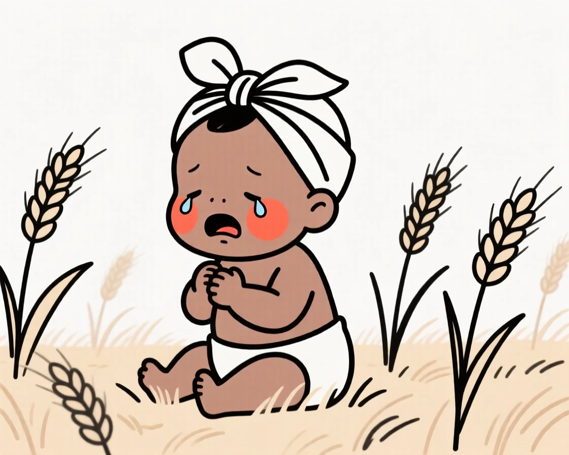 A newborn baby of Nigerian heritage wearing a Nigerian gele headwrap, holding back happy tears, in a wheat field at harvest.
