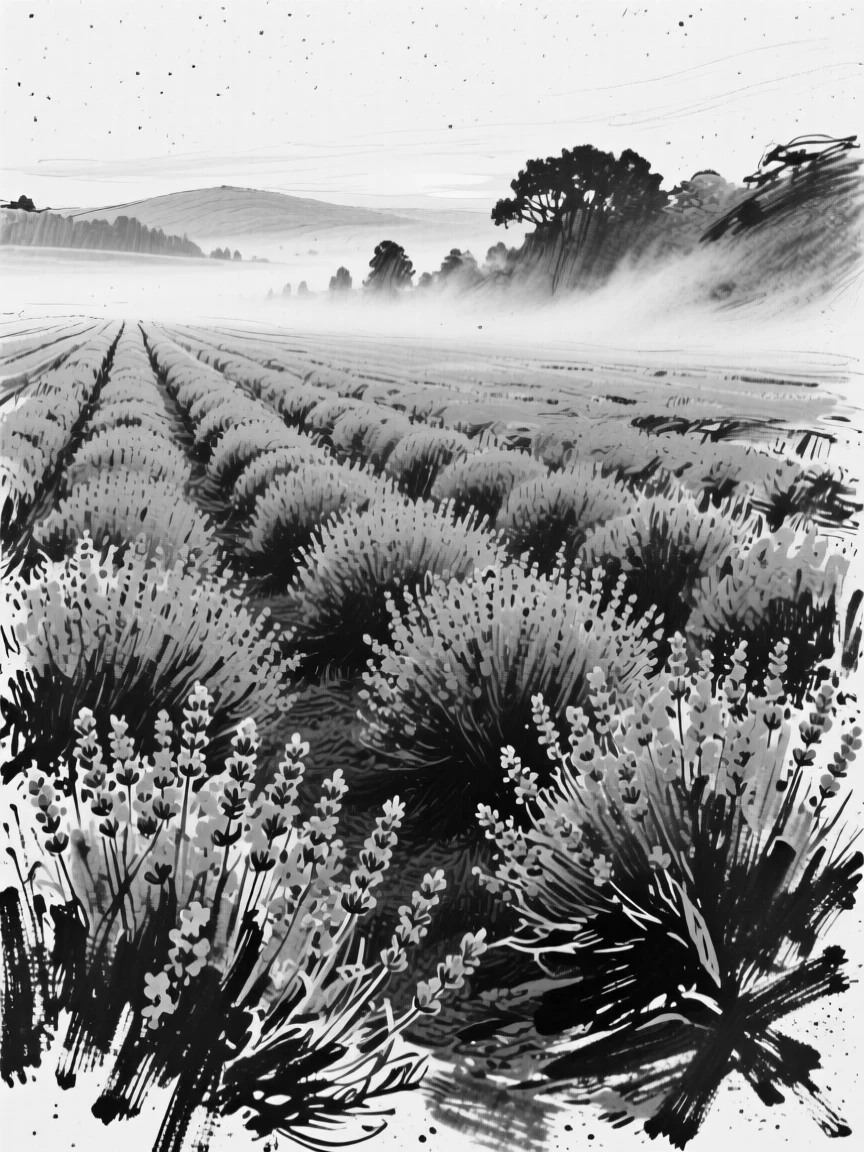 A lavender field in full bloom with mist rising gently at first light.