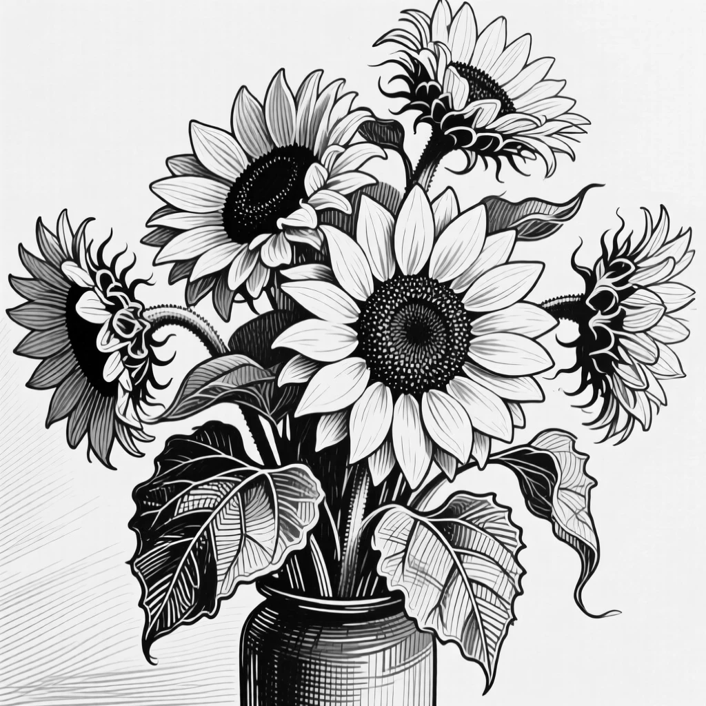 A cluster of sunflowers captured close-up with delicate detail, with delicate veins visible in each leaf, composed in a quietly elegant still-life arrangement.