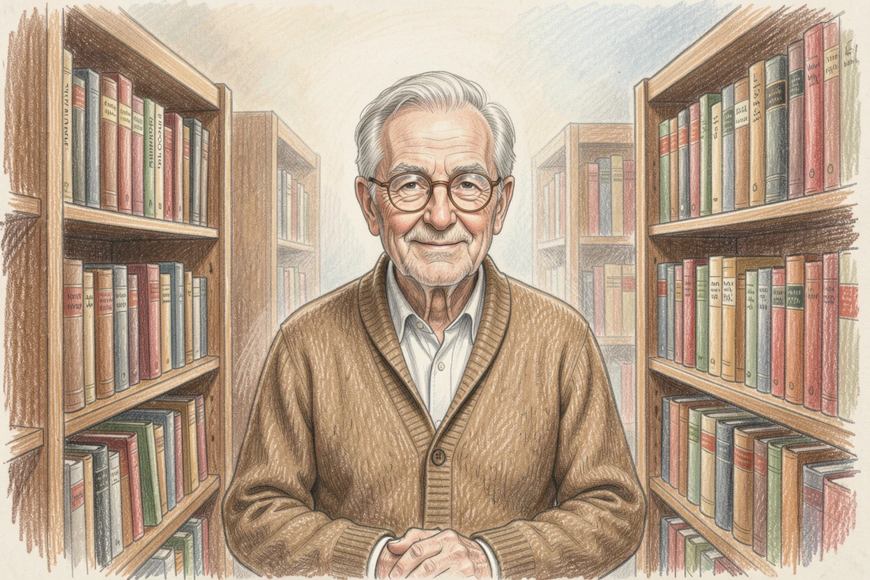 A wise old librarian surrounded by towering shelves of books, set against a softly blurred, atmospheric background, celebrating everyday beauty and genuine emotion.