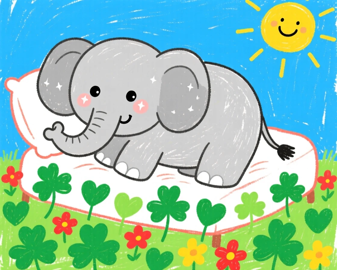 A baby elephant resting on a bed of clover.