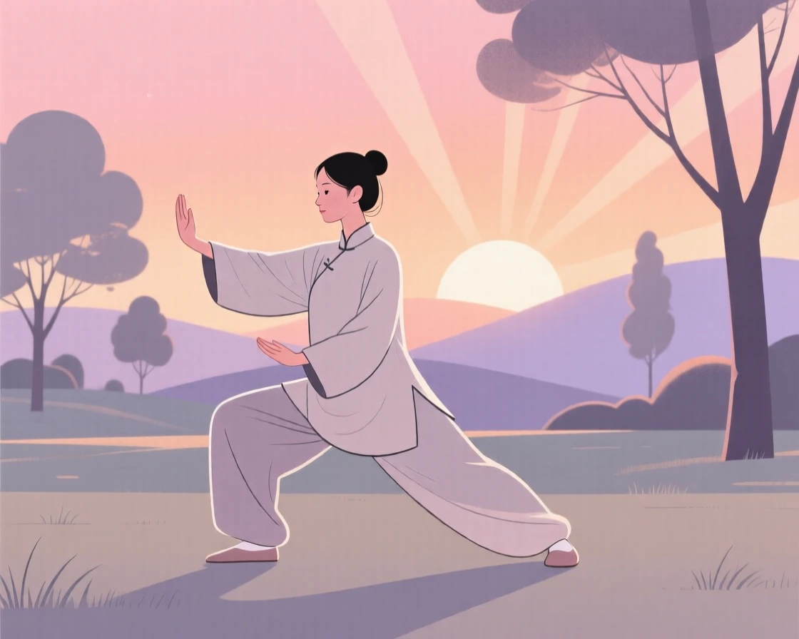 A woman practicing tai chi in a peaceful park at sunrise.