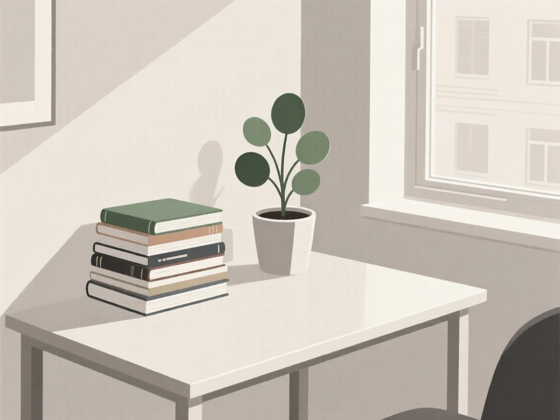 A cozy home office corner filled with a stack of favorite books, set in a plant-filled apartment, evoking mindful presence.
