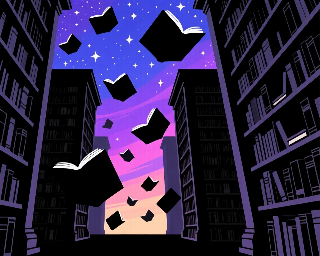 A magical library with books floating freely between towering shelves.