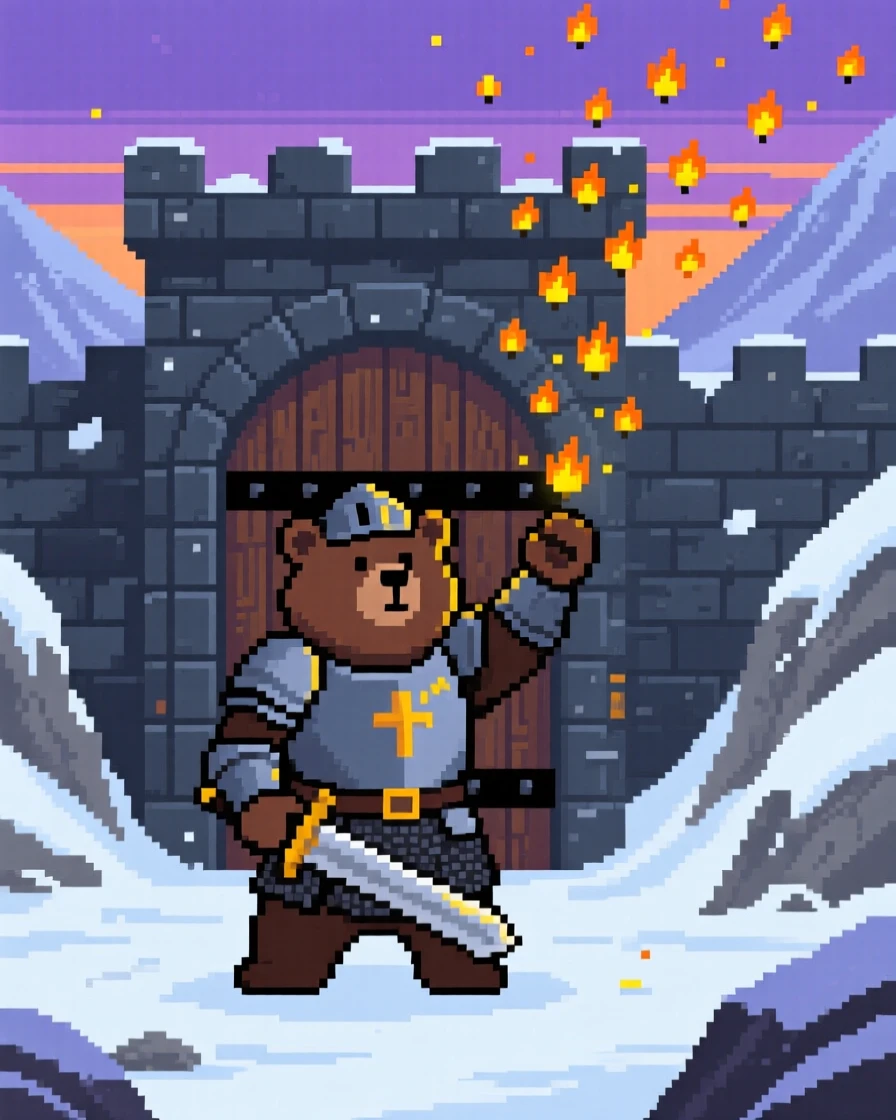 A bear knight guarding a castle gate casting a spell that fills the sky with fireflies, in a snowy mountain pass at dusk.