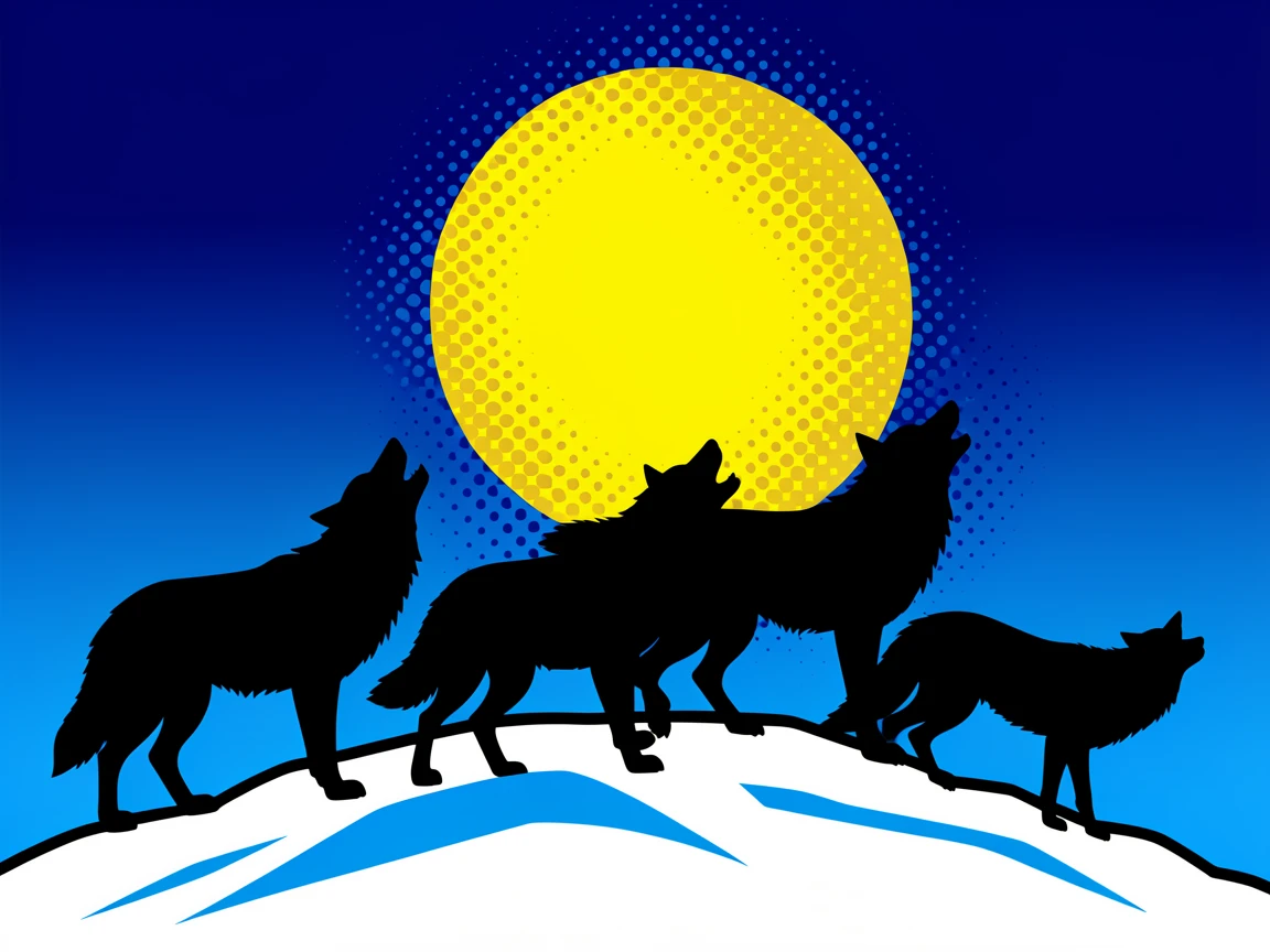 A wolf pack silhouetted against a moonlit snowy ridge