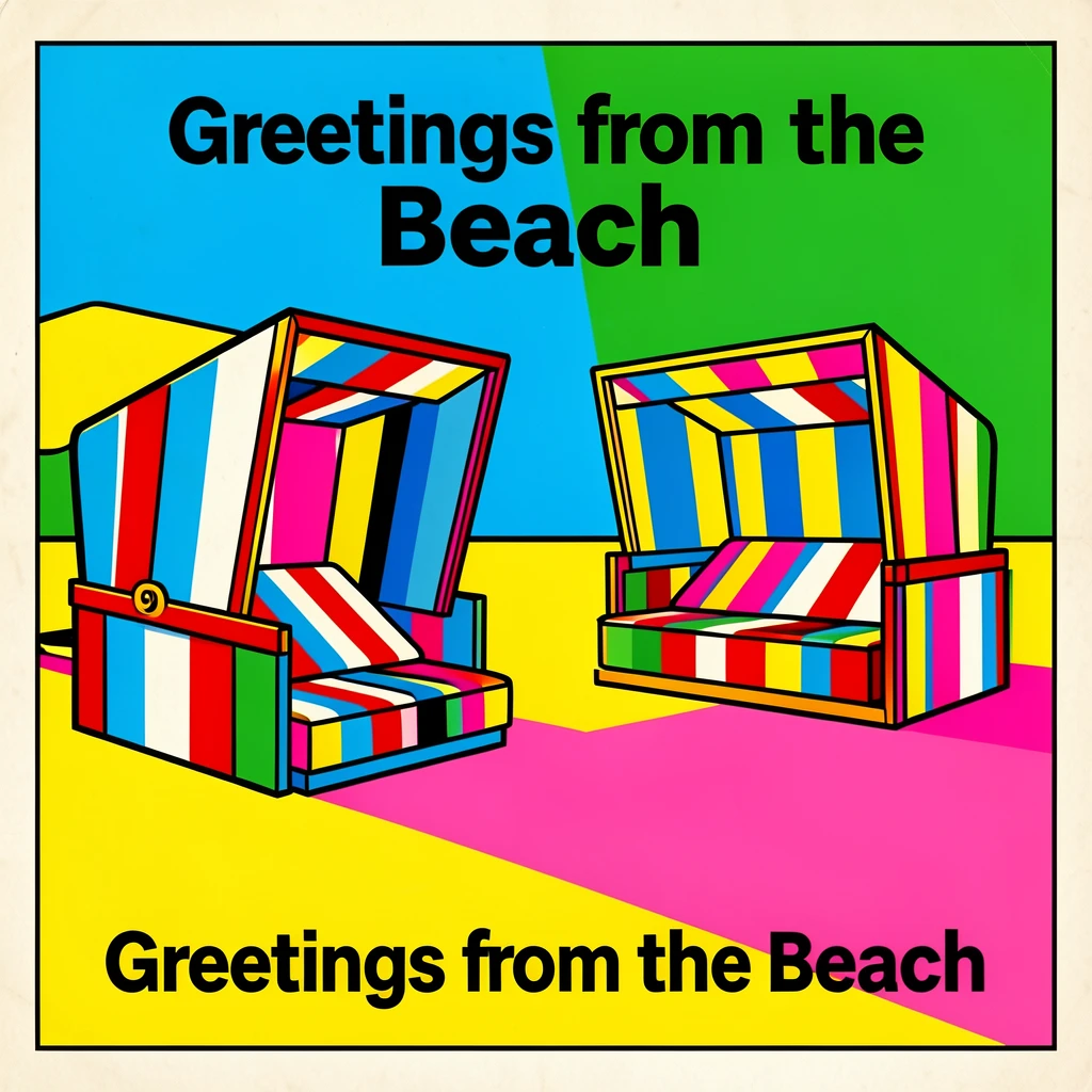 Vintage postcard-style beach scene with striped cabanas
