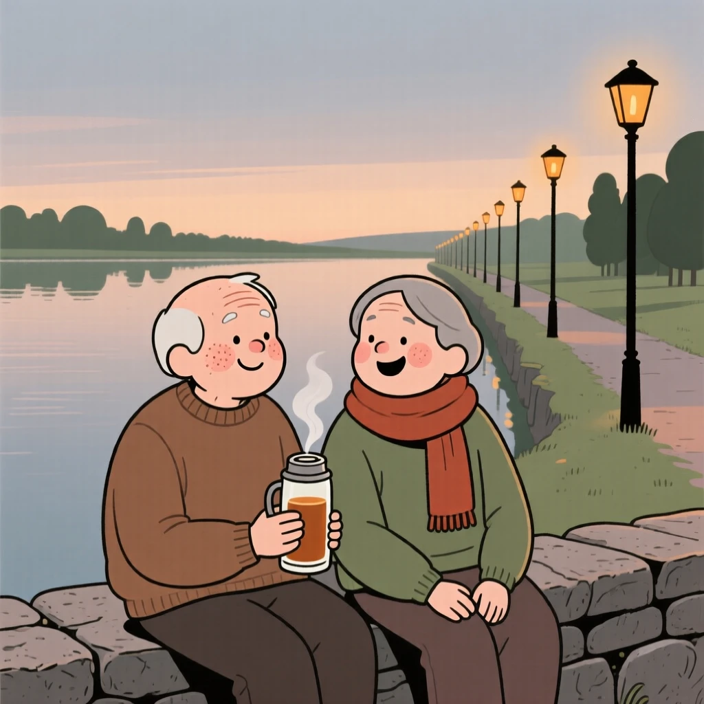 Two old friends sit on a low stone wall overlooking the quiet lake, sharing a shared thermos of tea and easy laughter as the streetlights flicker on one by one.