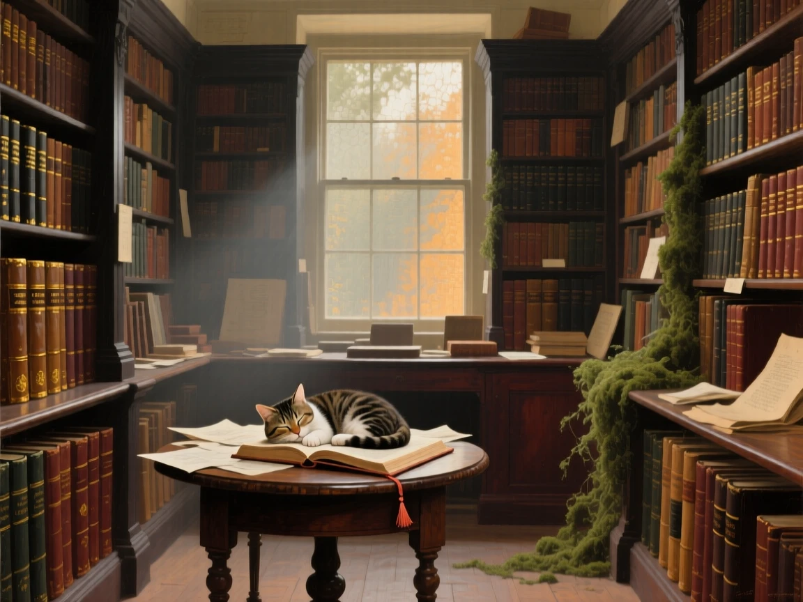 A centered composition of an antique bookshop crammed with leather-bound volumes and a sleeping cat, in the early 19th century, at the start of a humid summer.