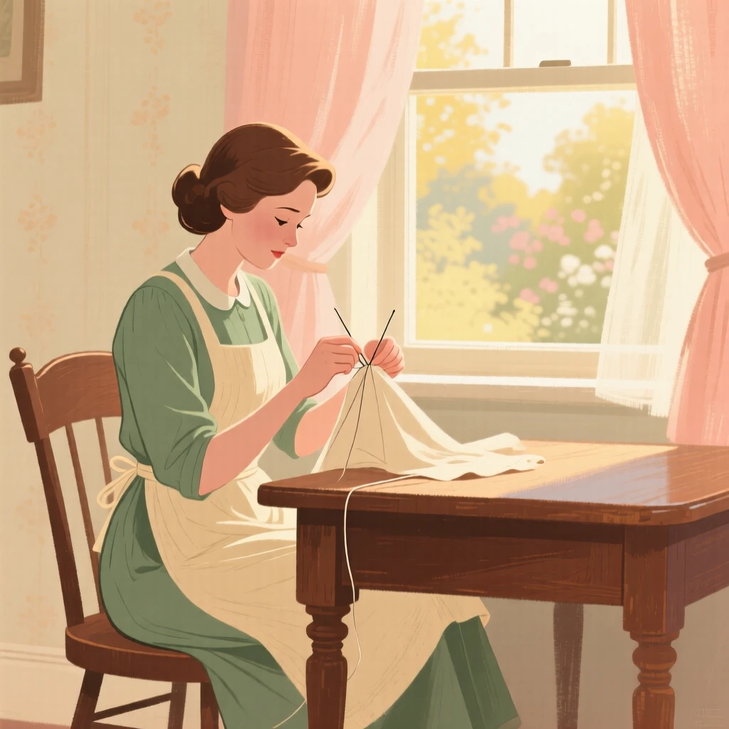 A seamstress stitching by hand beside a sunny window