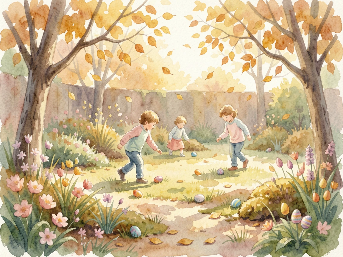 A Easter egg hunt in a blooming backyard garden as golden autumn leaves drift in the breeze.