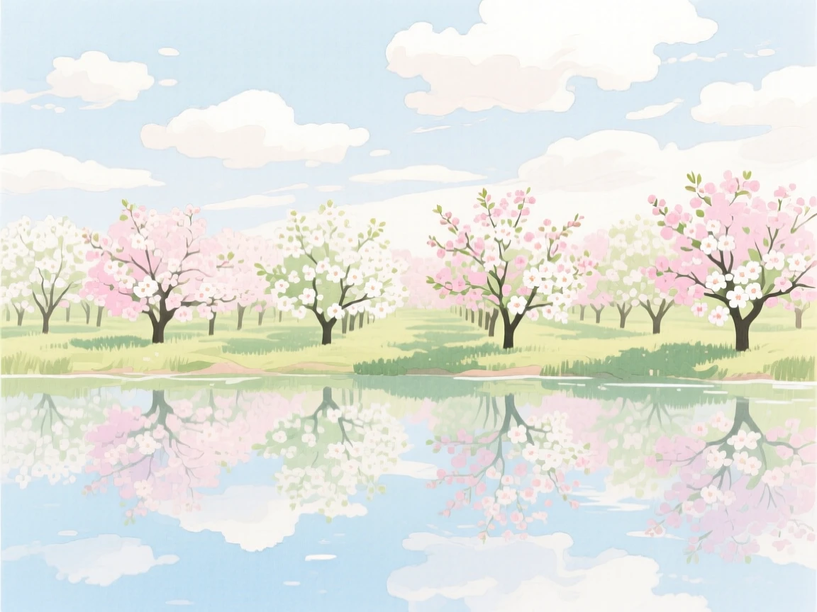 A breathtaking view of an orchard in full bloom beneath drifting clouds, with reflections shimmering across still water