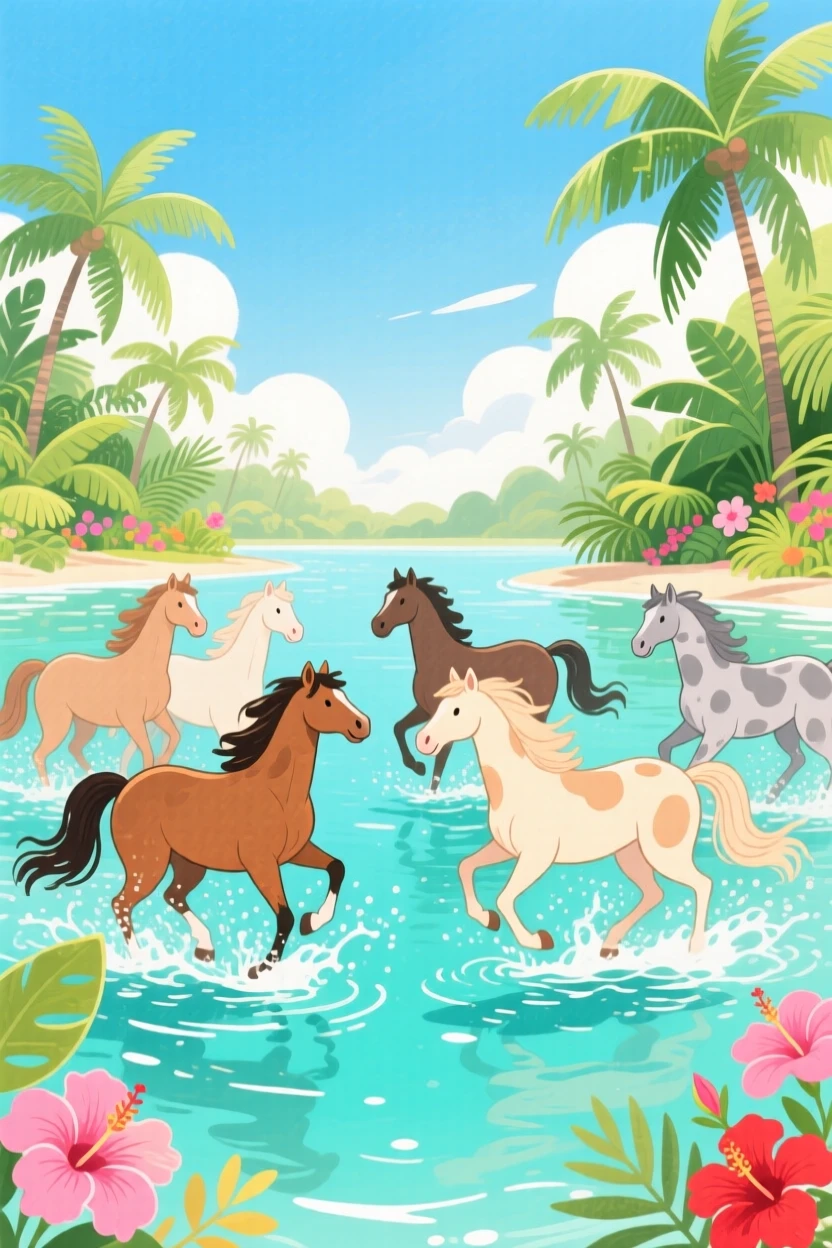 A herd of wild horses playing joyfully in a tropical lagoon on a warm summer day.