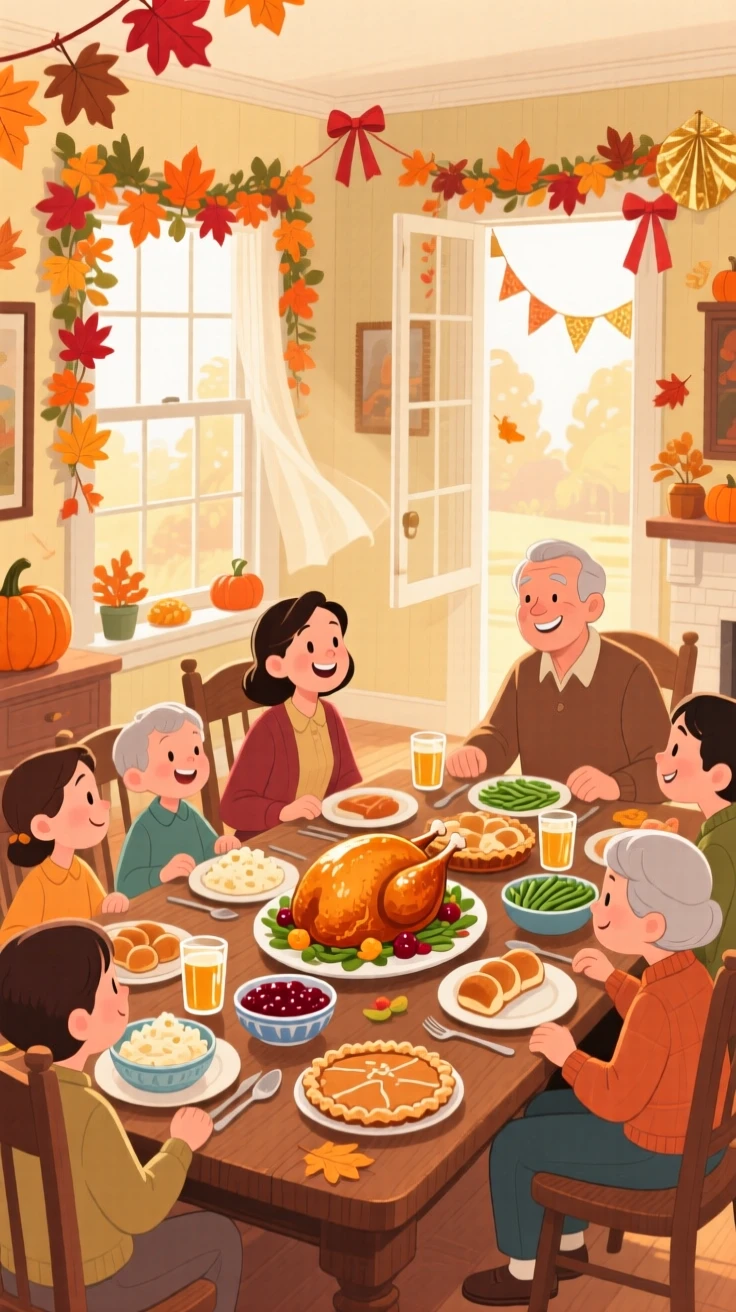 A table set for Thanksgiving dinner with family gathered around, in a warmly lit dining room decorated with autumn leaves, with ribbons and paper decorations fluttering in the breeze, evoking gratitude and warmth of the harvest season.