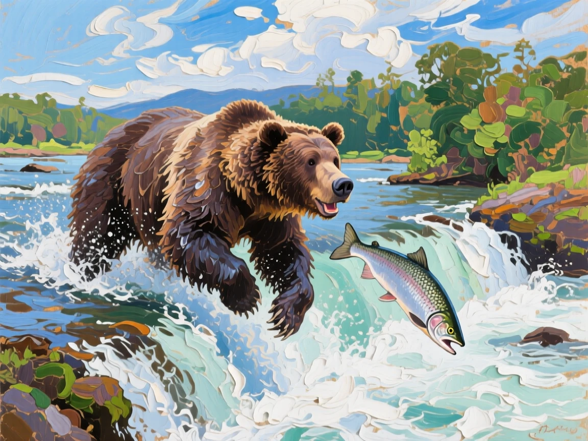 a bear catching salmon in a rushing river, under a vast open sky, with a balanced, spacious view of the surroundings.