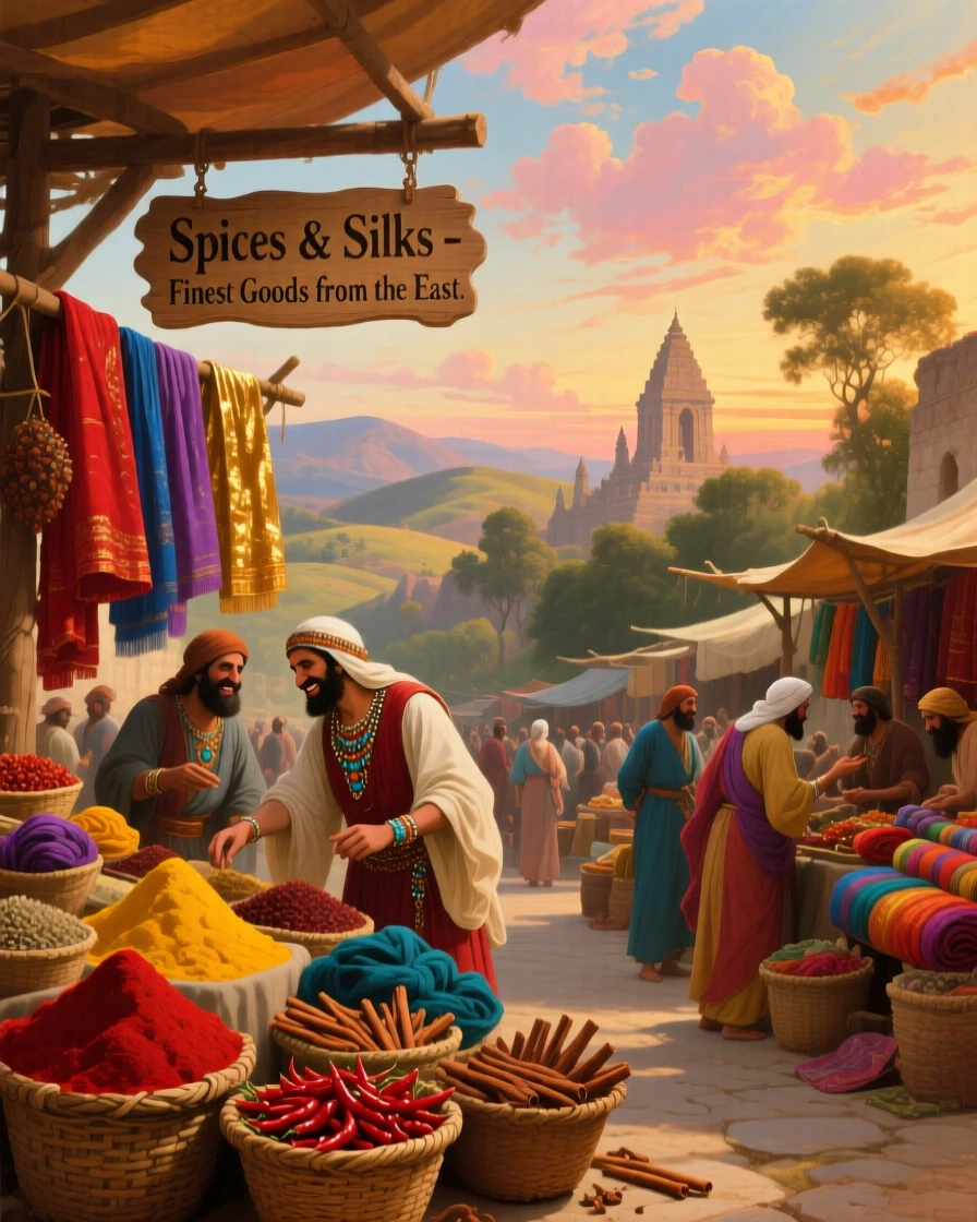 Traders barter in a bustling ancient marketplace filled with spices and silk.