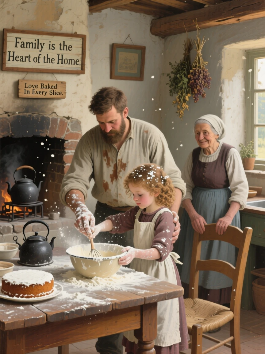 A father and daughter baking a cake together, both covered in flour, as an older family member watches on with a proud smile, radiating comfort, love, and togetherness