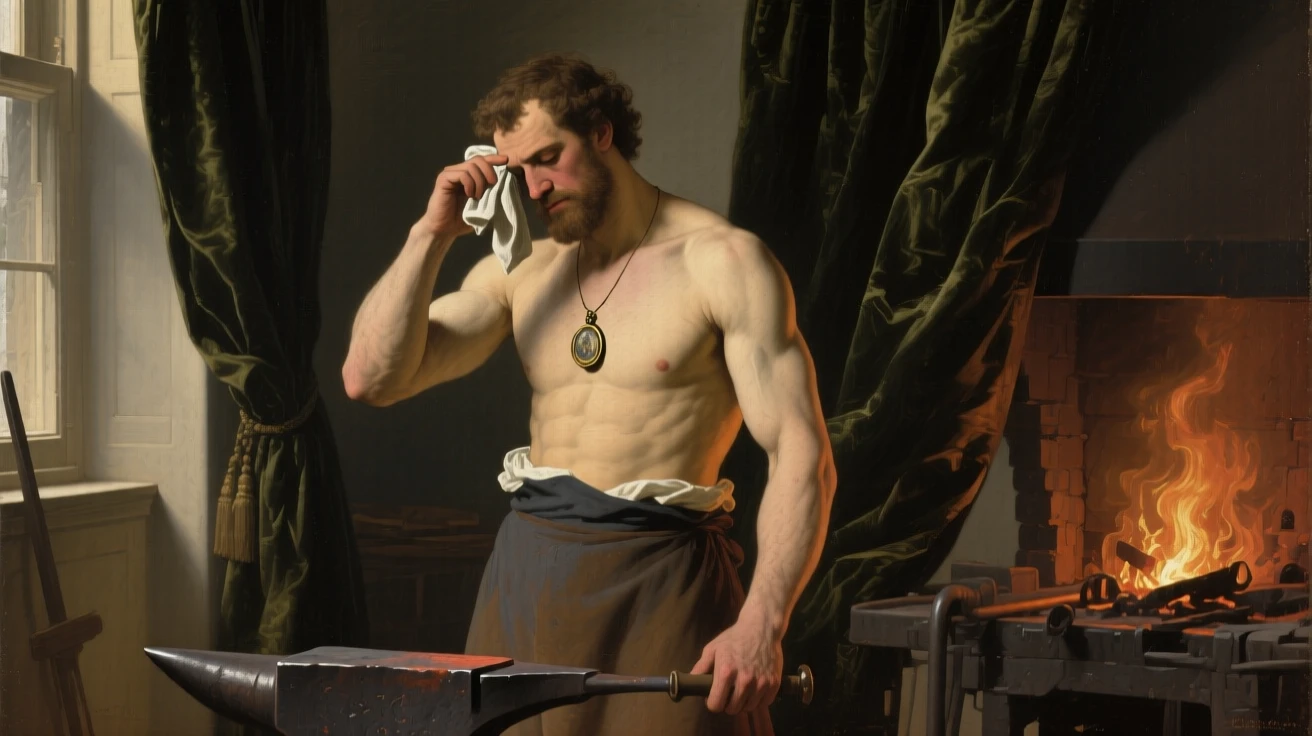 A blacksmith wiping soot from his brow beside a glowing forge holding perfectly still in contemplative silence, set in a sunlit drawing room with heavy velvet curtains, with a cherished heirloom locket resting against her collarbone; the hands are given equal storytelling weight alongside the face, conveying quiet dignity and inner life.